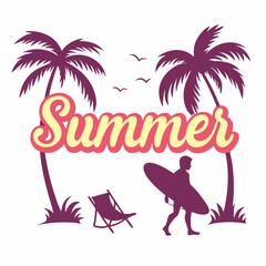 Summer Vacation: Surfer Silhouette with Palm Trees and Beach Chair