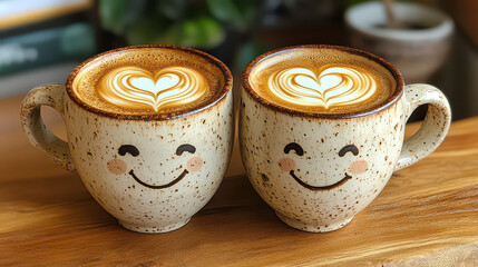 Two coffee cups with smiling faces and latte hearts, idea of valentine's day, love brunch drink.