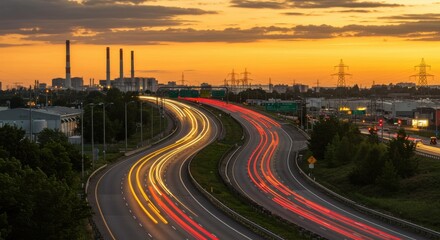 Fototapeta premium Highway traffic with light trails at sunset near industrial area with tall smokestacks in the distance