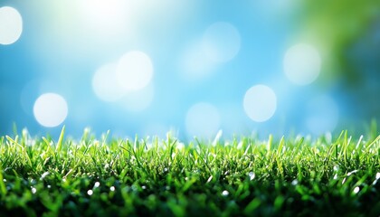 Obraz premium Vibrant Green Grass Field, Clear Blue Sky with Soft Bokeh Background, Nature in 8K Ultra HD