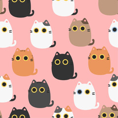 Fototapeta premium Cute Cartoon Chubby Cats Seamless Pattern with Pink Background