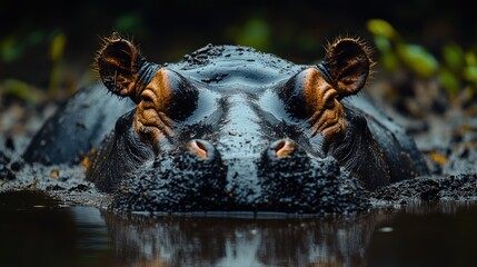 Close-up of a hippopotamus partially submerged in muddy water.