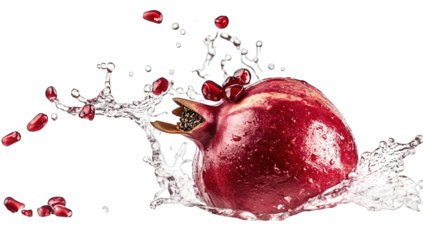 a vibrant pomegranate splashes into water creating dynamic dropl