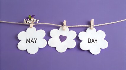 Happy May Day celebration with purple theme and flower decorations
