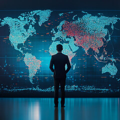 A man in a suit stands before a digital world map with data points and bright blue background glow effect
