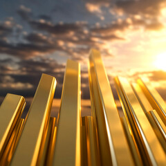 Golden bars rising against a cloudy sky with a bright light shining in the background scene view