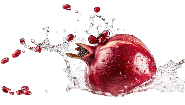 a vibrant pomegranate splashes into water creating dynamic dropl
