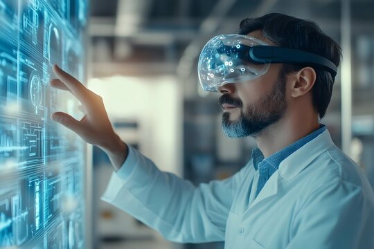A man wearing a white lab coat is using a virtual reality headset to interact wi - Powered by Adobe