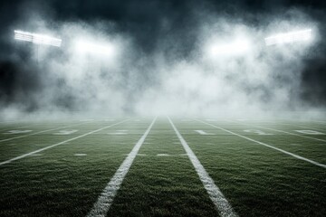 Empty Football Field at Night with Stadium Lights and Smoky Mist