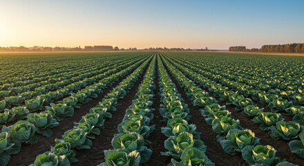A vast field of green cabbage plants growing in rows under a clear blue sky at early morning light
