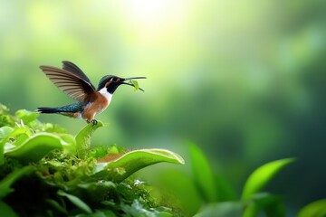 Fototapeta premium A tiny hummingbird hovers gracefully above a vibrant carnivorous plant in a lush, natural setting.