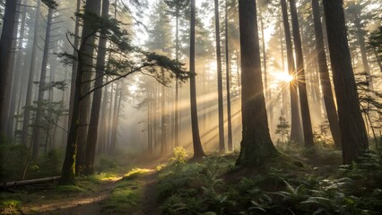 Beautiful magical sunrise in the forest. The sun's rays break through the trees in the fog. The mystical nature of the rainforest