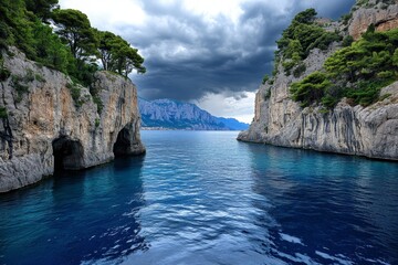 Fototapeta premium A gothic mystery cruise in Cassis, with a storm rolling in, dark clouds reflecting in the choppy waters