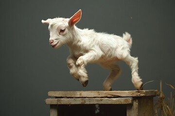 a baby goat jumping on table