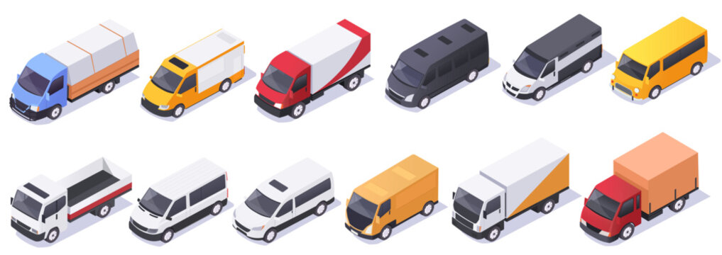 Set of isometric cargo trucks and vans in different colors and styles on a white background. Concept of transport, delivery, and logistics. Vector illustration
