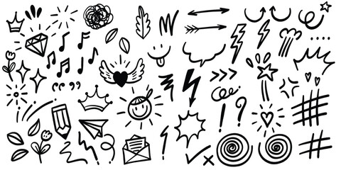 Hand-drawn doodle elements in black ink on a white background.