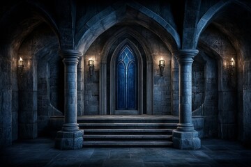 Fototapeta premium A grand dungeon hall with massive stone pillars and a long, eerie stairway leading into darkness
