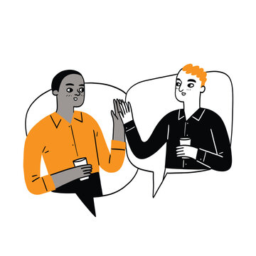 Two young men in a conversation, each holding a drink. They are within speech bubbles, suggesting they are talking or sharing ideas.