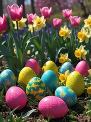 Easter painted eggs in a lush spring garden with blooming tulips and daffodils