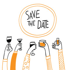 Hands holding various drinks in a celebratory gesture.