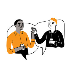 Two young men in a conversation, each holding a drink. They are within speech bubbles, suggesting they are talking or sharing ideas.