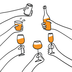 Hands holding various drinks in a celebratory gesture.