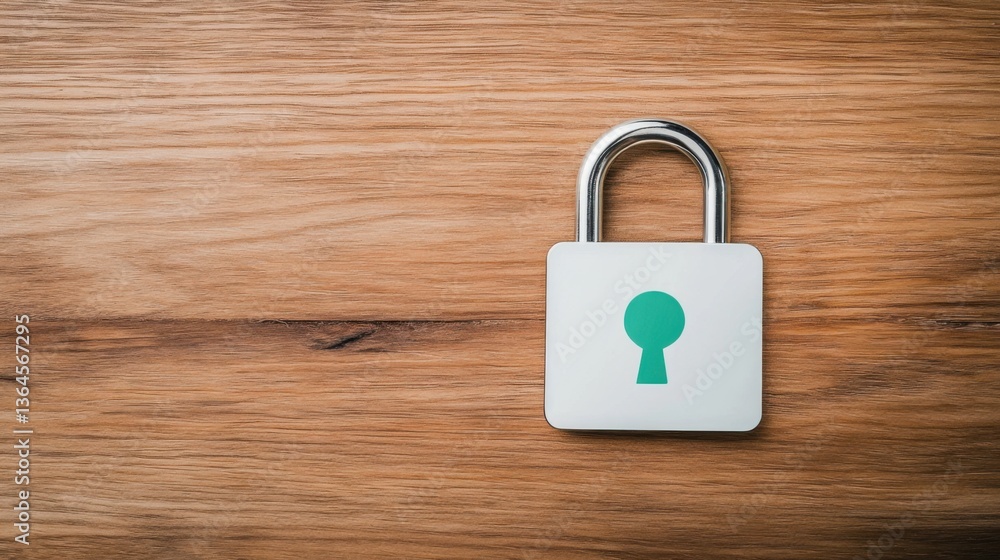 Poster close-up image of a modern padlock with keyhole symbol on a wooden surface for security and protecti
