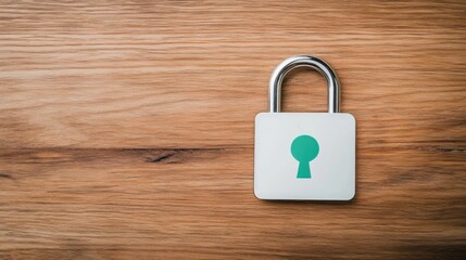 Fototapeta premium Close-Up Image of a Modern Padlock with Keyhole Symbol on a Wooden Surface for Security and Protection Themes