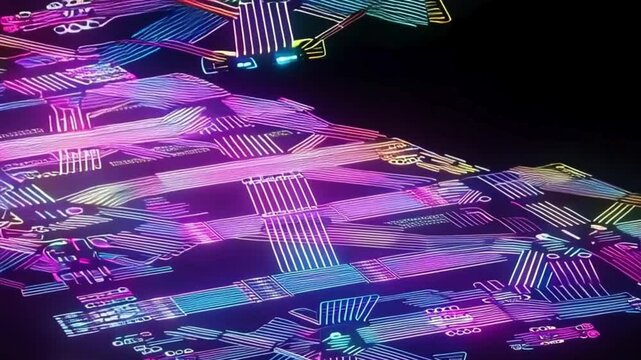 Abstract Background Loop Stock Video a high-tech abstract background with geometric lines and digital circuit board elements glowing in cyberpunk-style neon green and blue