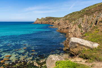 Celtic Sea Coast and cliffs in Nanjizal Beach, Cornwall, England, UK
