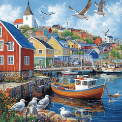 Colorful coastal village scene with boats seagulls and church on a sunny day painting style