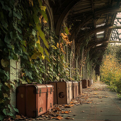 Row of vintage suitcases along ivy covered wall in abandoned train station with leaves on the ground