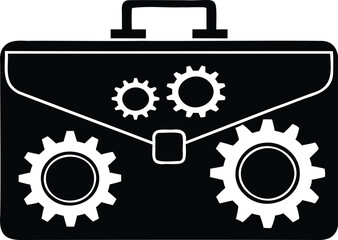Obraz premium A black and white vector illustration of a briefcase with gears, symbolizing business, mechanics, and innovation