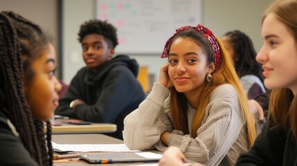 Students engage in discussion during an educational activity in a classroom setting with diverse participation and focus