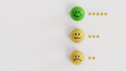 Check mark to select smile face with five stars, Customer evaluation concept.yellow circles with emotions.3D rendering on white background.