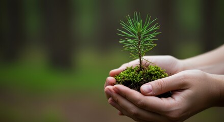 A small pine tree seedling held in two hands with a blurred green forest background scene outdoors