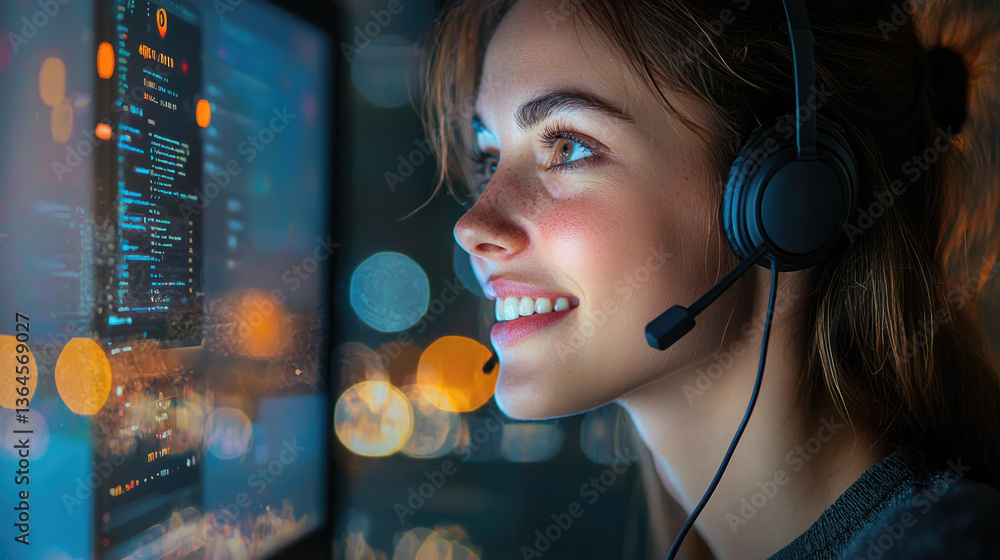Poster young woman with headset smiles while looking at computer screen filled with code and data. background features blurred lights, creating vibrant atmosphere
