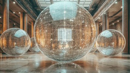 futuristic space featuring large transparent spheres with intricate light patterns, set in grand architectural environment. scene evokes sense of innovation and connectivity