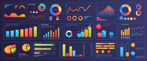 Various colorful data visualization charts and graphs in modern style on a dark background. Concept of business analytics and statistics. Vector illustration