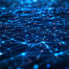 A digitally rendered network of interconnected blue lines and glowing nodes on a dark background