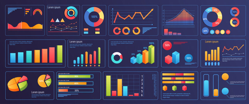 Various colorful data visualization charts and graphs in modern style on a dark background. Concept of business analytics and statistics. Vector illustration