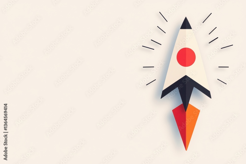 Poster minimalist paper rocket with red circle and orange flame on beige background overhead flat lay for s