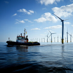 A tugboat sailing on the ocean with wind turbines in the background on a sunny and cloudy day