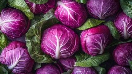 Obraz premium Fresh vibrant purple cabbages surrounded by green leafy vegetables.