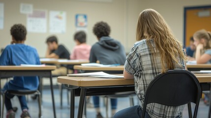 Students engaged in an examination setting inside a classroom during the morning hours at a local school
