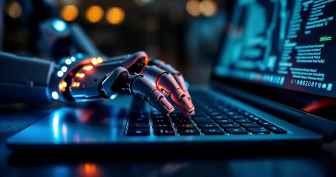 Close-up of the fingers of a humanoid robot typing on a laptop. Slow motion.