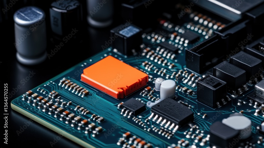Poster close-up of computer circuit board with electronic components and bright orange chip on dark backgro