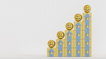 Emotion face since very smile regular and sad on increasing yellow stacking with up arrow and star level for client evaluation after customer use product and service concept.