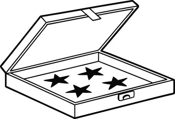 A black and white vector illustration of an open box with four star-shaped items inside, symbolizing awards or recognition