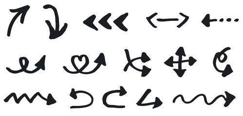 Collection of fifteen hand-drawn black arrows in many styles and forms. Curved, straight, zigzag, decorative arrows showcase movement and direction with authentic sketchy aesthetic.
